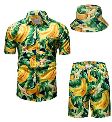 TUNEVUSE Herren Hawaiihemd und Shorts Set, 2-teiliges tropisches Set, Blumen Bedruckte Knopf Strand Set mit Hut Gelb Groß