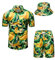 TUNEVUSE Herren Hawaiihemd und Shorts Set, 2-teiliges tropisches Set, Blumen Bedruckte Knopf Strand Set mit Hut Gelb Groß