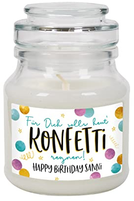 Herz & Heim® Dankeschön-Geschenk Duftkerze mit persönlichem Etikett ca. 7 cm x 10 cm (Ø/H), Konfetti