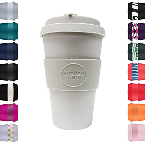 Ecoffee Cup 14oz 400ml Reusable Eco-Friendly 100% Plant Based Coffee Cup with Silicone Lid & Sleeve - Melamine Free & Biodegradable Dishwasher/Microwave Safe Travel Mug, Molto Grigio