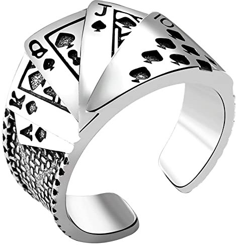 JewelryWe Schmuck Herren-Ring Retro Spielkarten Flush Poker Karten Ring Biker Offen Band Bandring mit Gravur Silber Schwarz Verstellbar Größe 57-65