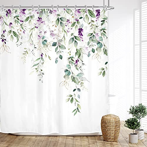 Glawry Green Eucalyptus Lavender Shower Curtain 60Wx72L Inches Watercolor Purple Floral Leaf Botanical Bathroom Plants Lilac Spring Summer Nature Bath Accessories Art Home Decor Fabric 12 Pack Hooks