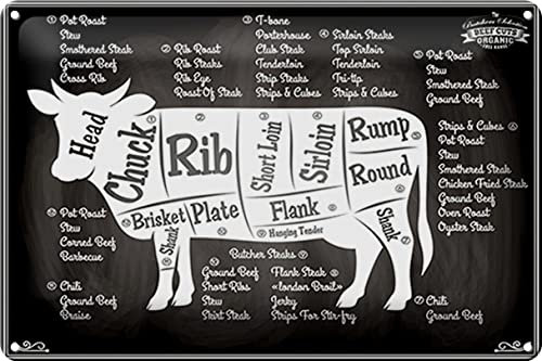 FEMER Blechschild Kuh 30x20cm Beef cuts Organic Fleisch Metzgerei