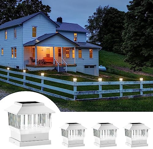 MOON-DE-AGE 50 Lumen Solar Post Lights, 3 Modes Outdoor Deck Fence Post Cap Lights - 4x4 3.5x3.5 4.5x4.5 or 5.5x5.5, LED Landscaping Patio Garden Yard Decoration Waterproof Warm White (4 Pack, White)