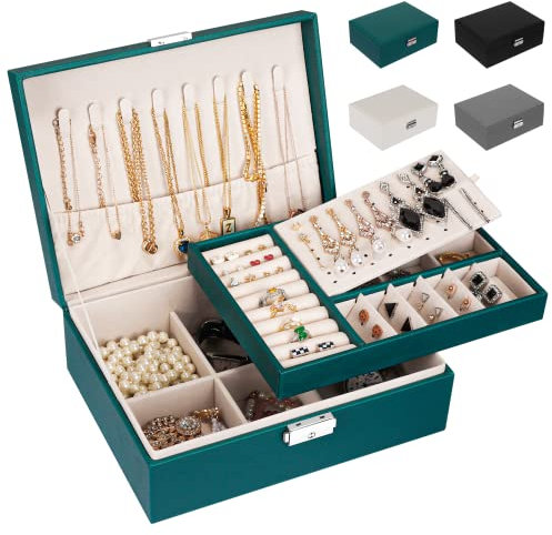 LUZOON Schmuckschatulle Schmuckkästchen für Damen, 2 Schich Schmuckaufbewahrung Mädchen Schmuckkasten Schmuckbox PU Leder Schmuck Groß für Ringe, Ohrringe, Halskette (Grün)