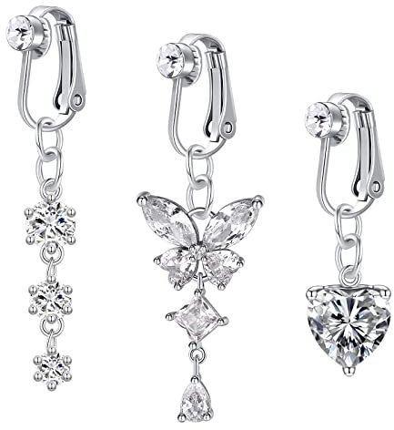 Mayhoop 3Pcs Faux Piercing Nombril Clip on Piercing Nombril Acier Chirurgical avec Papillon Coeur Cercle CZ Dangle aux Anneaux Nombril Non Percé Piercing Bijoux