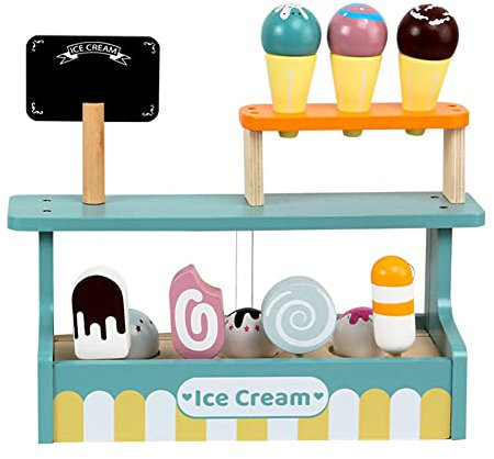 Kleine Kinder Eistheke mit EIS aus Holz zum Stecken - Eisverkauf mit Eiswaffeln und Beweglicher Eisständer für Kaufmannsladen - Eisdielen Rollenspiel Set für Jungen und Mädchen - Eisspielzeuge