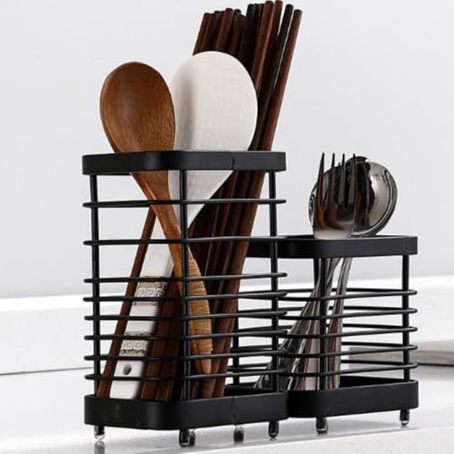 Cyrank Stainless Steel Cutlery Utensil Holder, Silverware Organizer Rack Removable Drying Rack Silverware Holder Utensil Cutlery Basket for Home Kitchen(S-Black)