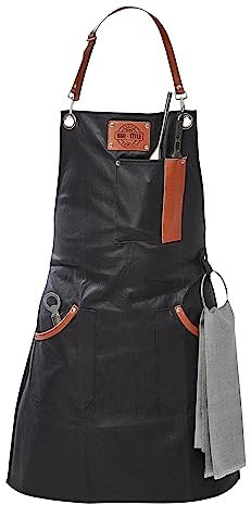 MAREDO Grillschürze BBQ, Kochschürze aus gewachster Baumwolle mit individueller Passform, Passendes Geschenk für Koch- und Grillfans, Küchenschürze mit praktischen Taschen, Unisex