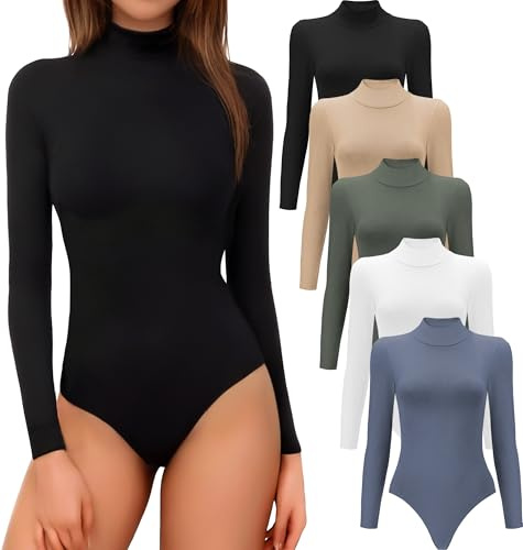 MLYENX 5 Pack Long Sleeve Body suits Womens Mock Turtleneck Casual Basic Stretchy Body Suits Tops M
