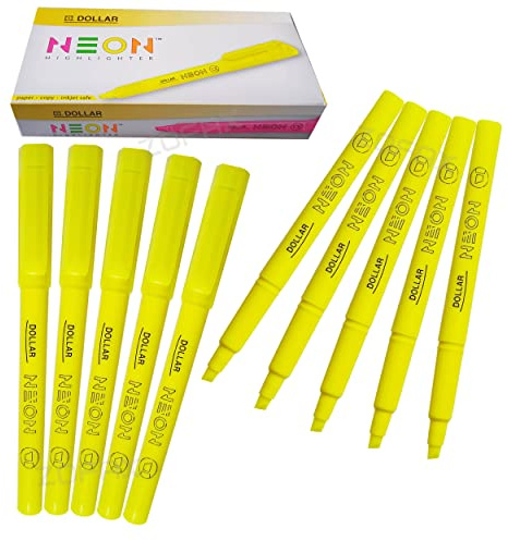 Pen-S Fluorescent Highlighter Pens, YELLOW, Chisel Tip, 1-4mm Lines, Pack of 10, Multipack, Quick Dry, School Office Home Highlighters, iVAIDEX Black Ball Pen