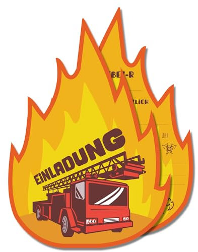 møij 10x EINLADUNGSKARTEN für Jungen & Mädchen Kindergeburtstag - Karten mit Feuerwehr Motiv in Feuerform
