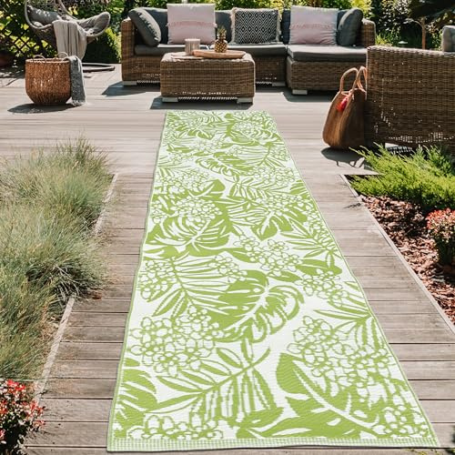 CARPETIA Wetterfester Outdoor Teppich Kunststoff leicht modern abwaschbar Garten Terrasse Balkon Camping Picknick Blätter hellgrün Läufer 90 x 300 cm