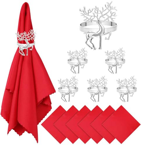 LOYIM 12 Stück Weihnachtliche Tischdekorationen Set 6 Weihnachten Serviettenringe und 6 Rote Stoffservietten Serviettenhalter und Weihnachtsservietten Weihnachtsessen Tischdeko (Silber, Rentier Stil)