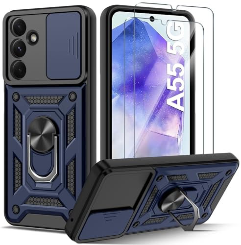 Guisessy Coque Compatible avec Samsung Galaxy A55 5G avec 2 Verre Trempé, Lentille Coulissante Couverture, Support 360° Rotatif Militaire PC Dur Renforcée Armor Antichoc Bumper Housse Etui - Bleu