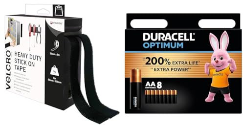 VELCRO Brand Heavy Duty Stick On Tape Cut-to-Length Industrial Extra Strong Double Sided Hook & Duracell Optimum AA Batteries (8 Pack) - Alkaline Batteries 1.5V - Up to 200% Extra Life or Extra Power
