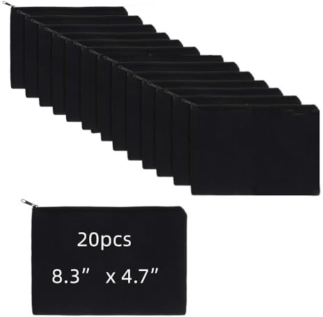 20 leere Kosmetiktaschen, 21 x 12 cm, leeres Federmäppchen, Tasche aus Baumwollleer, für Reisen, Büro und Schule (schwarz), Schwarz