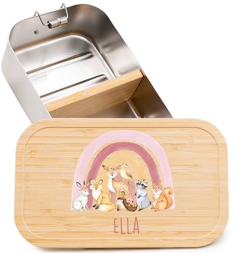 Kidsmood - Personalisierte Brotdose Kinder mit Fächern, Edelstahl Lunchbox mit Bambusdeckel | Schadstoffrei bedruckt, mit niedlichem Tier-Motiv & Namen, Geschenke zur Einschulung Mädchen & Jungen