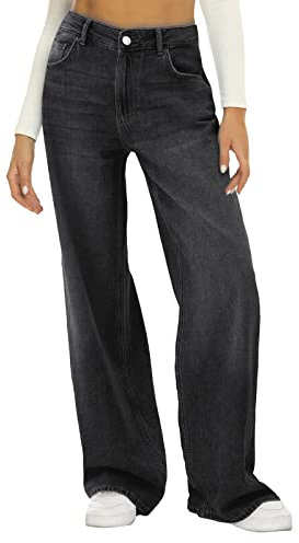 Baggy Y2K Pantalon en jean pour femme Coupe large Coupe droite Taille haute Décontracté Pantalon de loisirs Jambes larges, b noir, XL