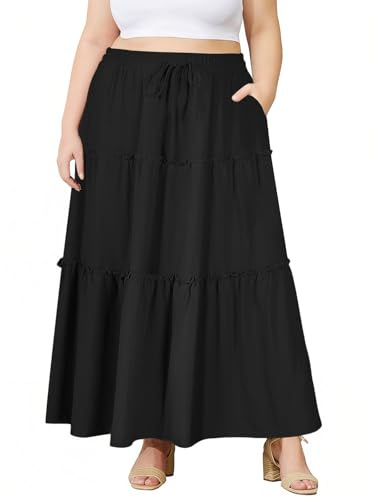 Moon Wood Damen Sommerrock Langer Rock Maxirock Stretch Hohe Taille Plisseerock mit Taschen Große Größen