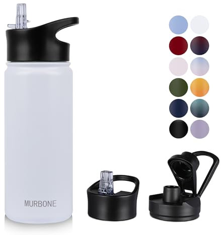 MURBONE Insulated Water Bottle, 500ml Stainless Steel Drink Flask with Straw, BPA Free, 2 Lids (Straw Lid and Spout Lid), Leakproof Double Walled Vacuum Water Bottle, White