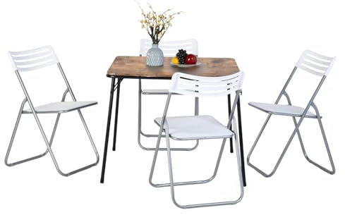 Liink1Ga Faltbar Esstisch mit 4 Klappstühle, Bistrotisch mit 4 Stühlen Gartentisch mit Stühlen Balkonmöbel Gartenmöbel Set Balkonset 5 Teilig Balkon Tisch und Stühle, 86X86X71CM, Braun Weiß Silber