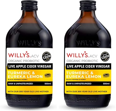 Willy's ACV Organic Live Probiotic Apple Cider Vinegar with Mother for Gut Health - Fresh Turmeric, Honey & Black Pepper (1 x 500ml), white (Pack of 2)