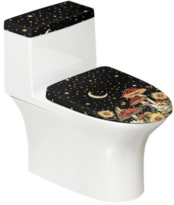 Biyejit Mushroom Star Toilet Lid Cover and Toilet Tank Cover Set Washable Toilet Tank Protector with Elastic Edge Bathroom Toilet Cushion Universal Home Hotel Decoration