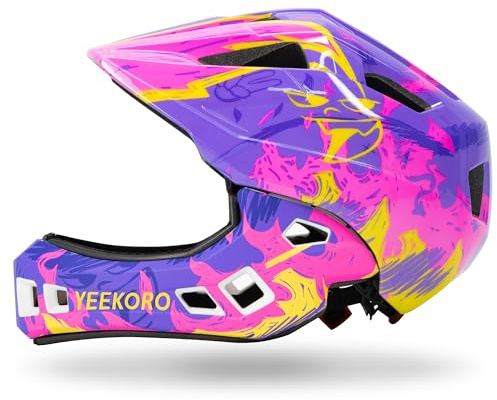 YEEKORO Kids Bike Helmet with Chin Guard, Adjustable Detachable Children’s Full Face Helmet for Girls and Boys, Cycling Helmets Skateboard, Scooter, Protective Gear Size 20.5-22 Inches