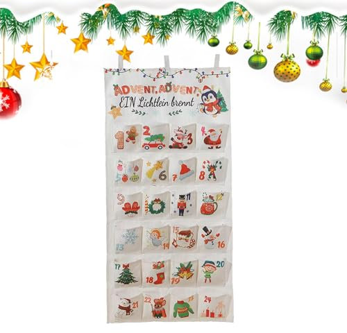 Adventskalender aus Stoff | 24 Tage Countdown Adventskalender mit 24 Taschen | Wanddekoration für Weihnachten Ferienhaus | Hängende Aufbewahrungstasche