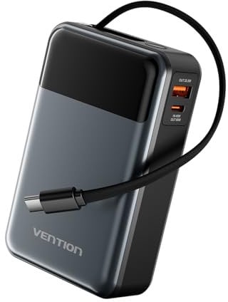 VENTION Batterie Externe 65W 20000mAh, Charge Rapide USB-C PD avec Écran LED Numérique, Chargeur Portable pour PC Portable, MacBook, iPad, iPhone 16/15/14, Samsung Galaxy S25/S24/S23