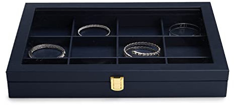 Papten Schmucktablett Mit 12 Fächern, Lederaufbewahrungsbox Mit Transparentem Deckel – Abschließbare Schmuckschatulle Für Anhänger, Halsketten, Schmuck (Blau)