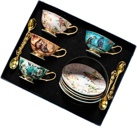 220Ml/7.. 5oz Creative Personality Flower and Bird Coffee Cup, Ceramic Home Afternoon Tea Set-4 Color Flower and Bird Box (Blue Pink/Azalea Orange Bird)