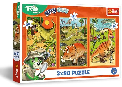 Trefl - Puzzle 3x80 Teile, 3-in-1: Trefliki in der Welt der Dinosaurier, 5+ | Set mit 3 Puzzles, Märchenhelden, Hochwertig, Kreative Unterhaltung, Training der Beobachtungsgabe