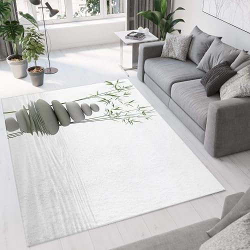 MIATCENRT Waschbarer Teppich Wohnzimmer 80 x 150cm, Stein Bambus Teppiche Schlafzimmer Pflanzen Kurzflor Teppich, Groß Weiche Teppiche für Schlafzimmer rutschfest Flauschiger Brücke