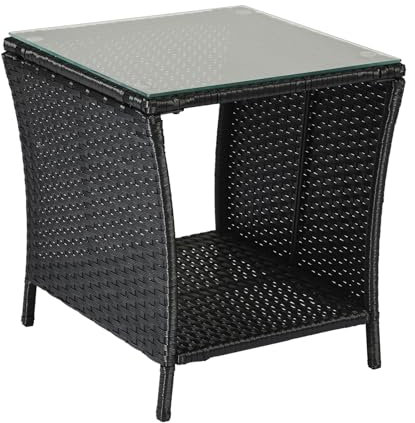 Bonnlo Rattan Beistelltisch mit Glasplatte, Balkonmöbel Schwarz, Gartenmöbel klein, Balkontisch Outdoor wetterfest, 46x46x50 cm