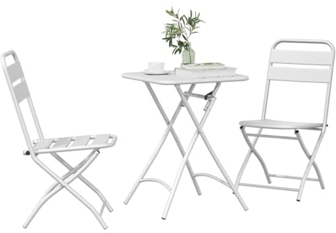 vidaXL Bistro Set 3 pcs White Steel, Garden and Terrace, Modern Outdoor Furniture, Compact Bistro Set, Folding Dining Chairs, Patio Table for Small Spaces