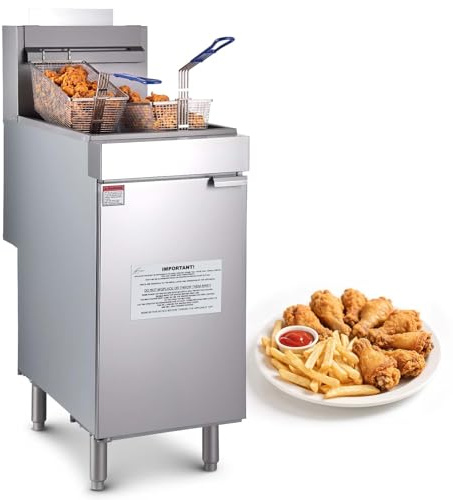 VEVOR Commercial Deep Fryer, 3-Burner Fryer for Restaurants, Stainless Steel Floor Standing Deep Fryers with Dual Baskets and Adjustable Temperature, Natural Gas Powered, 40 lbs Capacity, 90,000 BTU