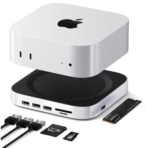 Mac mini M4 Dock, Mac mini M4 Pro Hub Stand with NVMe M.2 SSD Enclosure, 6 USB A 3.2 10Gbps, USB C Data Port, 3.0 TF SD Card Reader for Mac mini M4 Accessories Docking Station Mac mini Adapter Silver