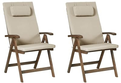 Beliani Set of 2 Rustic Garden Chairs Natural Acacia Wood Adjustable Foldable with Armrests Taupe Cushions Amantea Premium