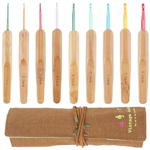 Bunte Holzgriff Häkelnadel Set, 9 Stück Ergonomische Metall Häkelnadeln mit Schön Tasche,Aluminium Flacher Daumengriff Häkelnadeln,Stricken Nadeln Kit,Für Arthritische Hände