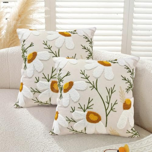 Gemdoit Pack of 2 Embroidered Flower Cushion Covers 45 x 45 cm, Embroidered Floral Decorative Pillow Covers for Home Living Room, Couch, Bed and Sofa Decor (Pattern D)