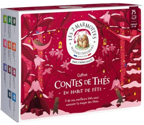 Les 2 Marmottes Coffret Cadeau de Noël Contes de Thés 75 Sachets 11 Thés | BIO, fourreau festif, Pour Amateurs de Thés, Made In France, Sans arômes ajoutés, 126g, Idéal En Cadeau