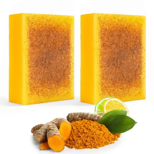 2 Stück Lemon Turmeric Soap, Kurkuma Seife Granulatseife für Alle Hauttypen, Feste Seife zur Sanften Reinigung der Haut, Handarbeit Naturseife, Duschseife Zur Porentiefen Reinigung, Männer und Frauen