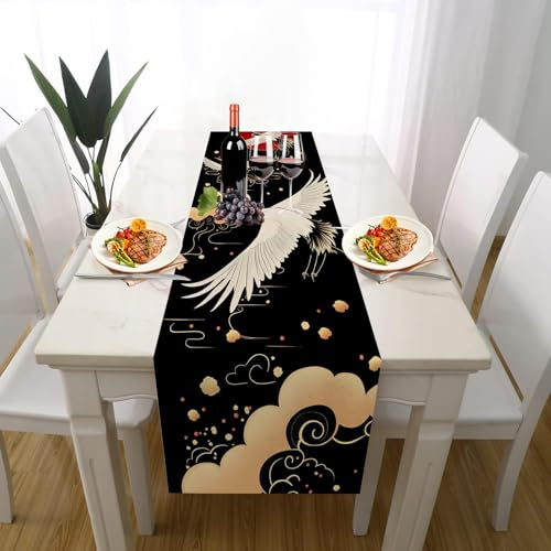 Japanische Stil Kranich Tischläufer Einschulung Deko, Orientalische Wolke Tischdeko Waschbar Küche Tisch Dekoration Geburtstag Hochzeitsdeko 30x120cm