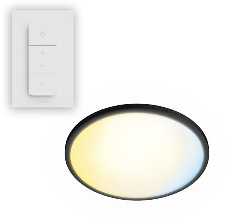 PHILIPS Superslim Deckenleuchte inkl. Fernbedienung, 5 voreingestellte Lichtszenen, stufenloses Dimmen bis zu 1%, einfache Steuerung& Installation, schlankes Design, 29,1 cm, 16 W, rund, schwarz