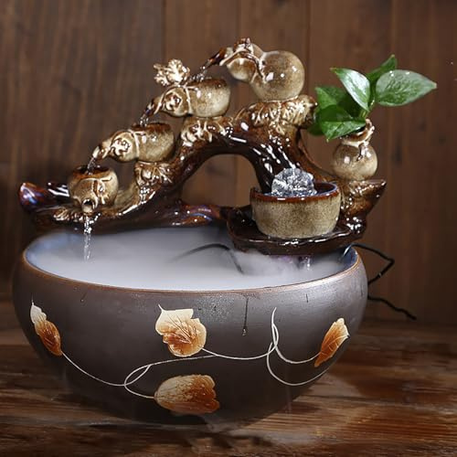 HLDJYLZS Tabletop Water Fountain, Mist Humidifier, Chinese Ceramic Desk Decor, Porcelain Indoor Feature for Living Room Office(D)
