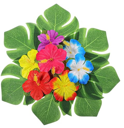 HekouJiub 60 Stück Hibiskus Dschungel Party Deko Dschungel Blatt Künstliche | Hibiskusblüten und Tropische Palmblätter Monstera Blätter für Hawaii Themenparty Dschungel- und Strand Tischdekoration