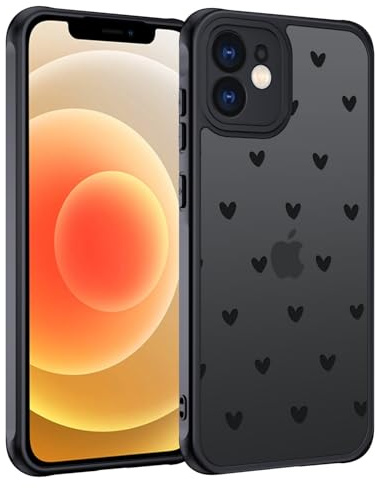 Handyhülle für iPhone 12 Mini Hülle Herz Muster Matt Schutzhülle, Schwarz | Aesthetic Motiv Herz Muster Design Transluzente Schlanke Hart Case Kratzfeste PC Rückseite + TPU Bumper Stoßfest Schutzhülle