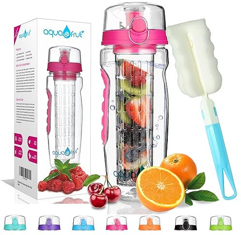 AquaFrut 32 OZ Fruit Infuser Water Bottle BPA-Free Fruit Infusion Sports Bottle - Flip Top Lid w Drinking Spout, Leak Proof, Made of Durable Tritan. Free Recipe eBook! (Pink)